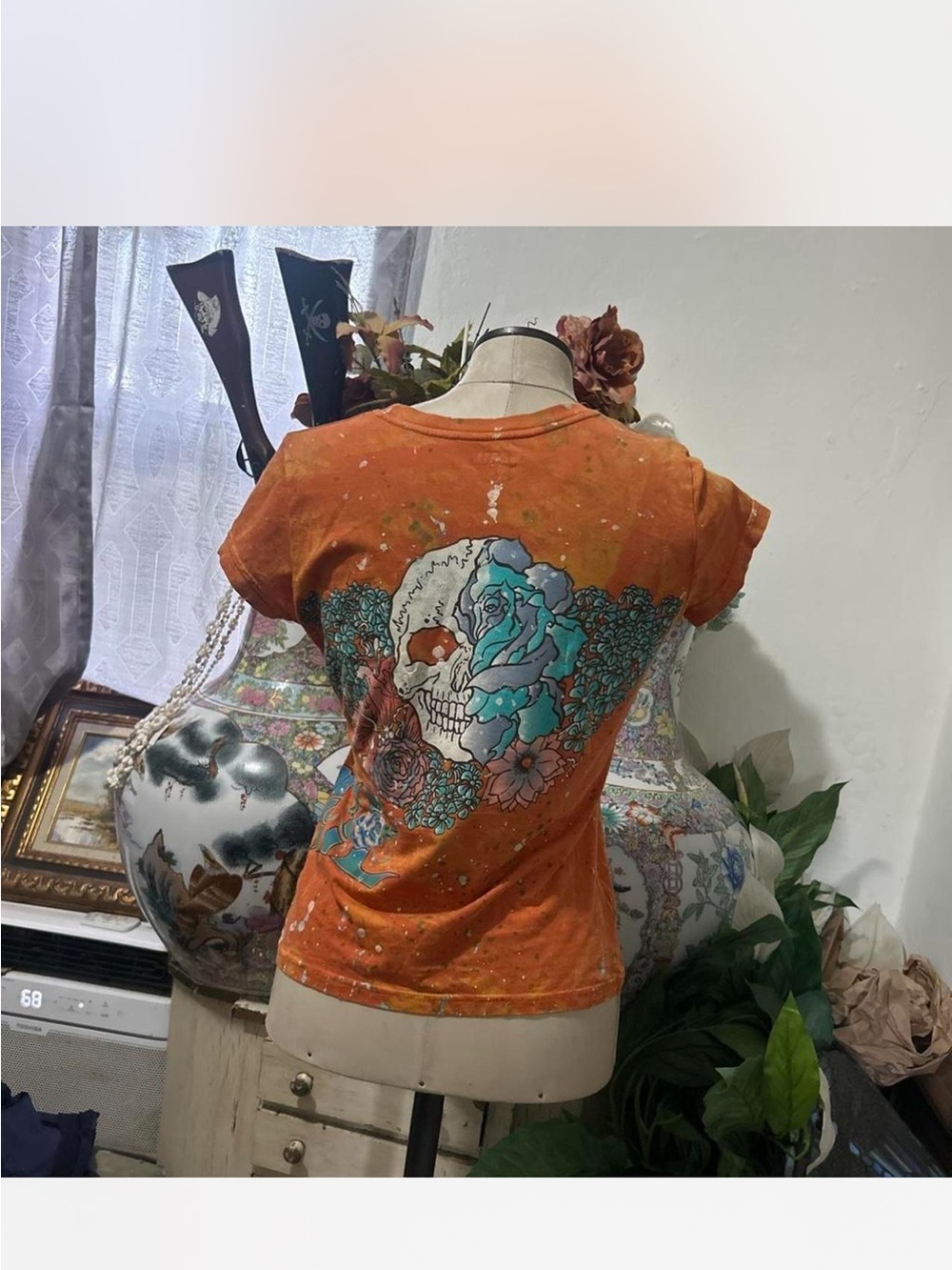 Orange Floral Skull Graphic Tee - Women's Short Sleeve Top